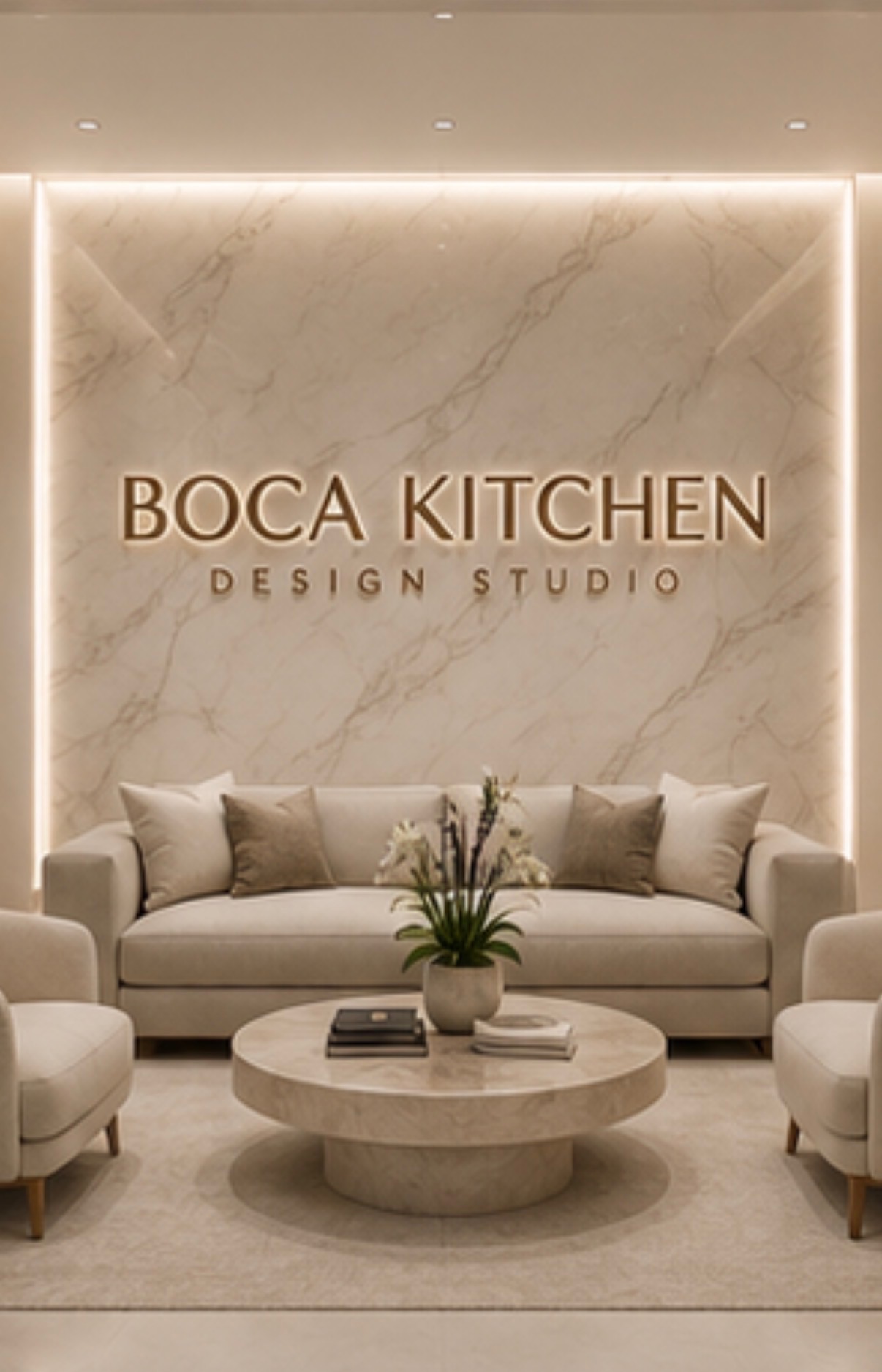 Studio reception with illuminated brass lettering on a marble feature wall