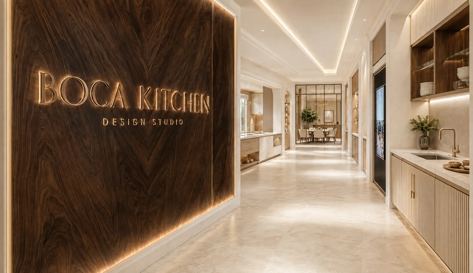 Walnut feature wall with illuminated Boca Kitchen Design Studio signage