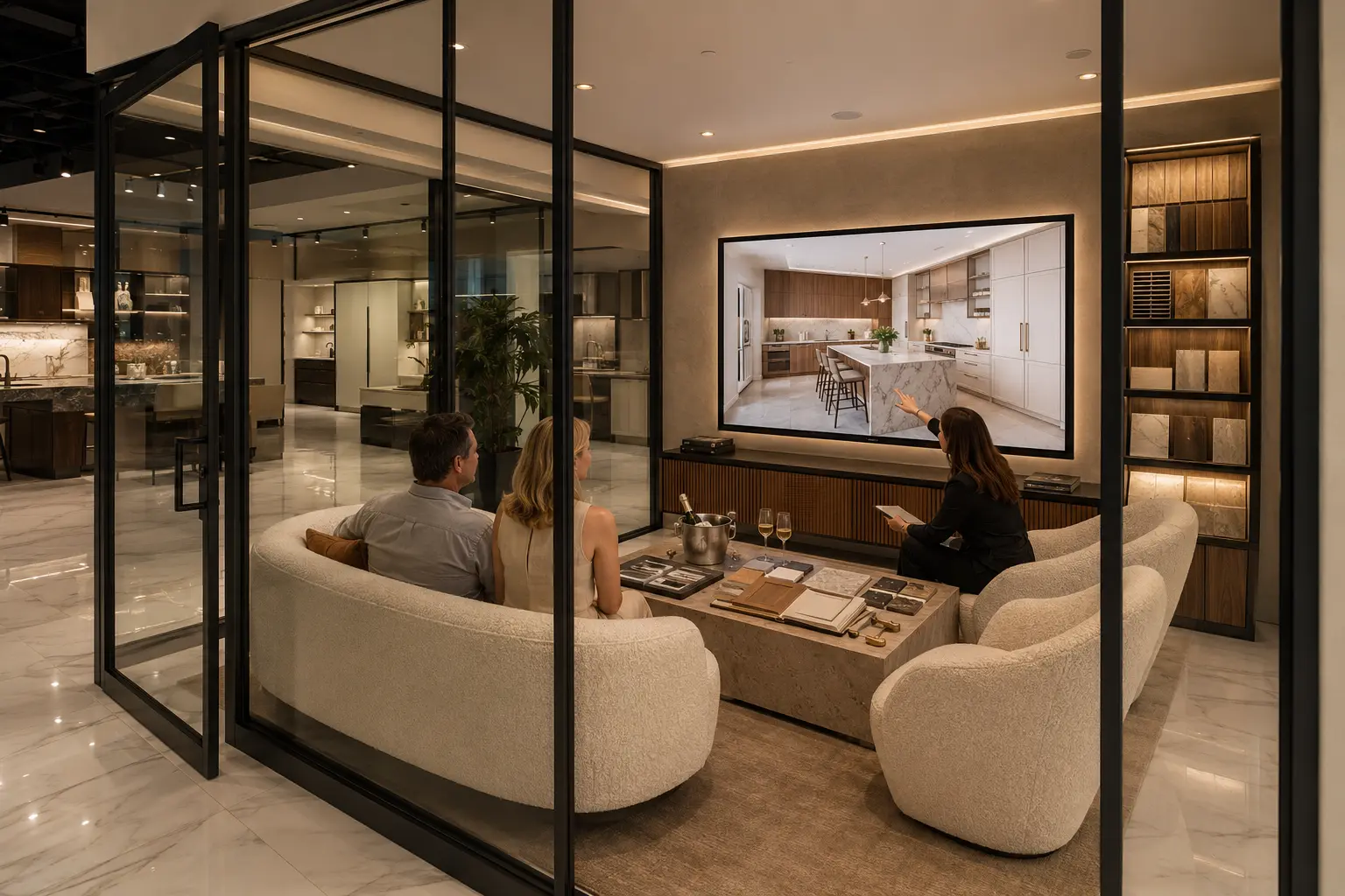 Designer and clients reviewing kitchen plans inside the private glass Design Room