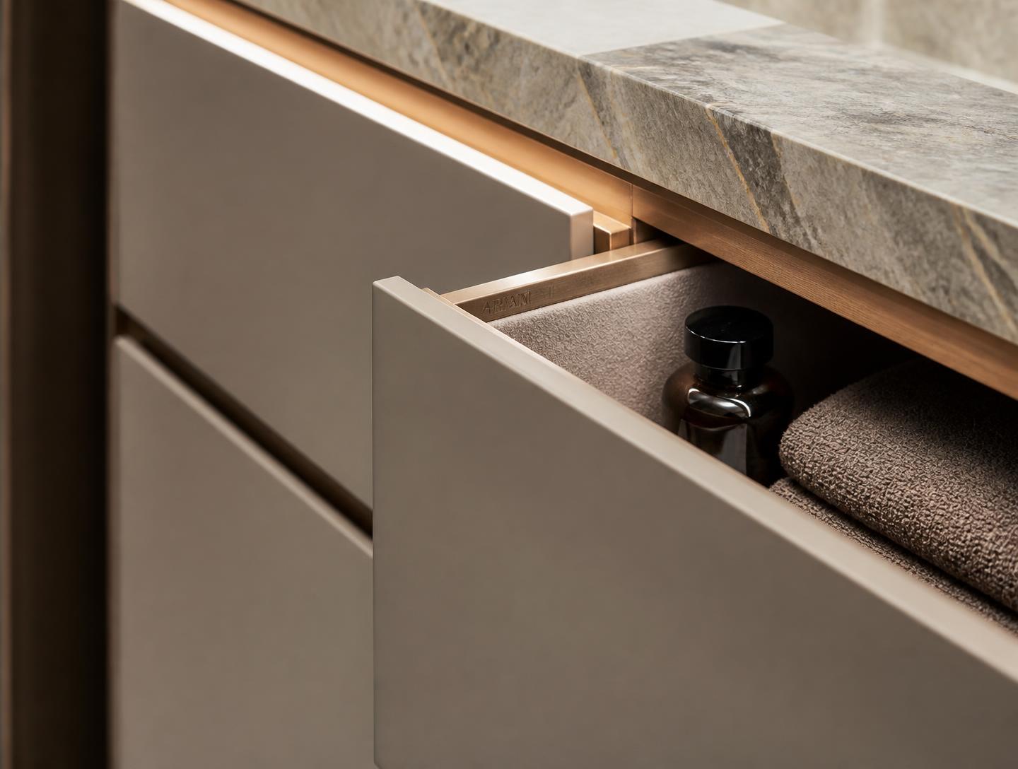 Detail of handleless vanity drawer with bronze reveal and suede-lined interior