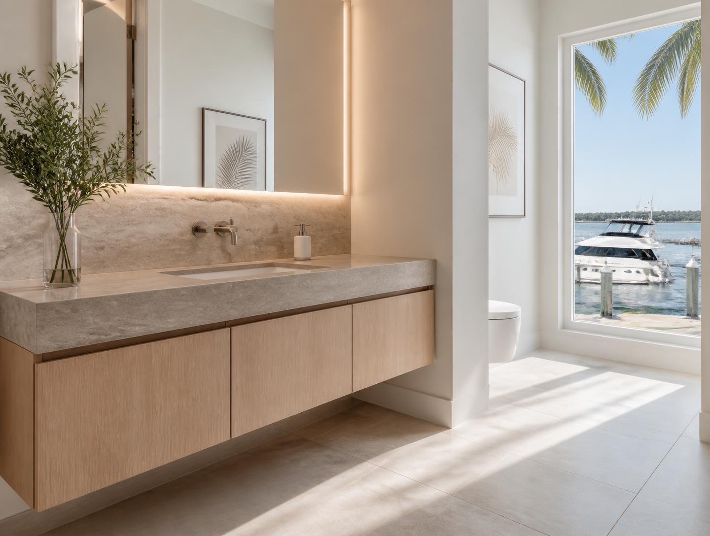 Modern guest bathroom with pale oak vanity overlooking a private yacht dock