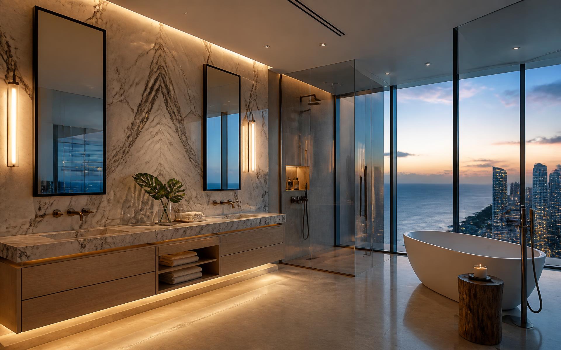 Modern Miami high-rise primary bathroom with floating oak vanity and marble slab wall