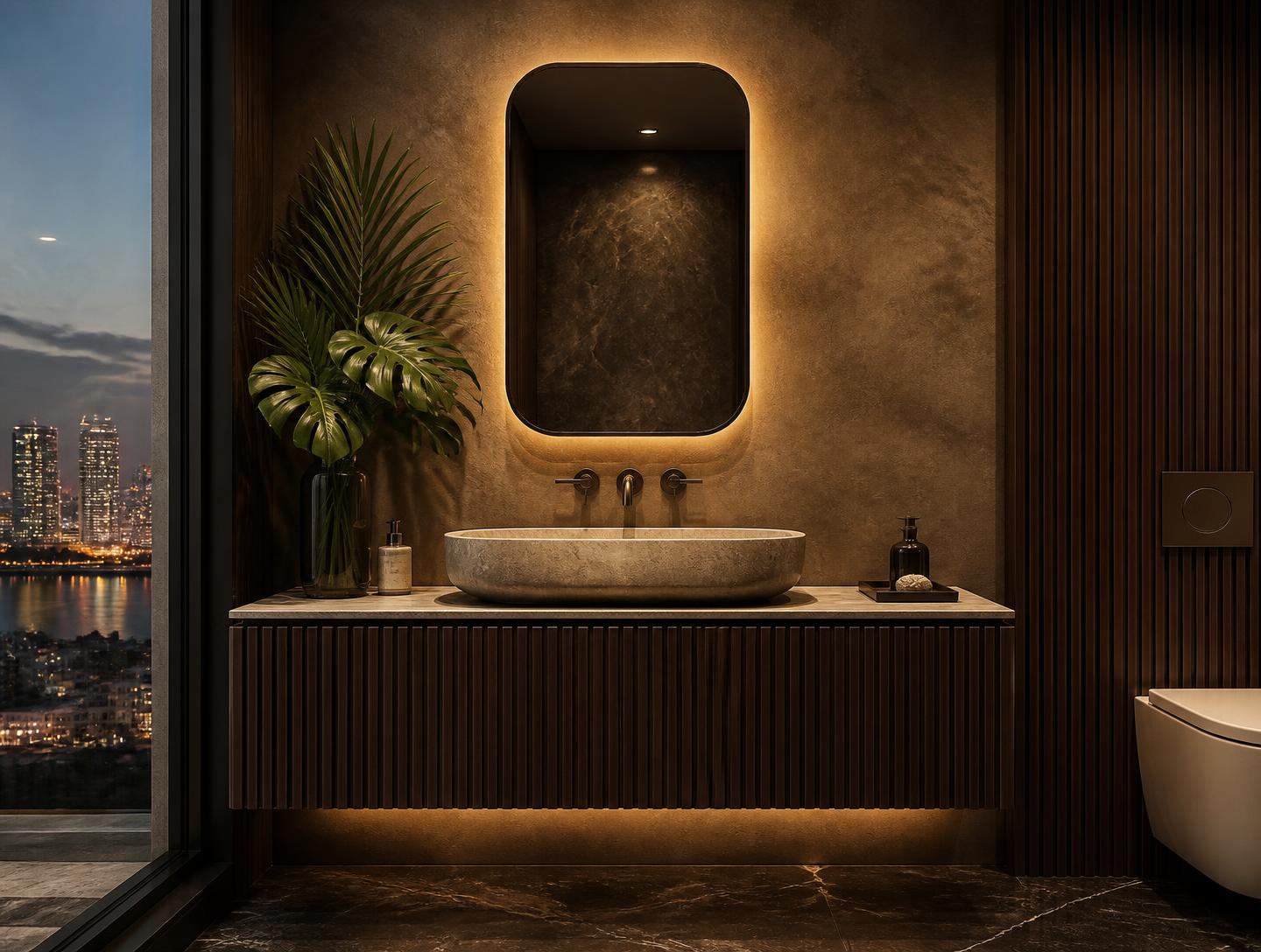 Dark fluted walnut powder room with backlit bronze mirror