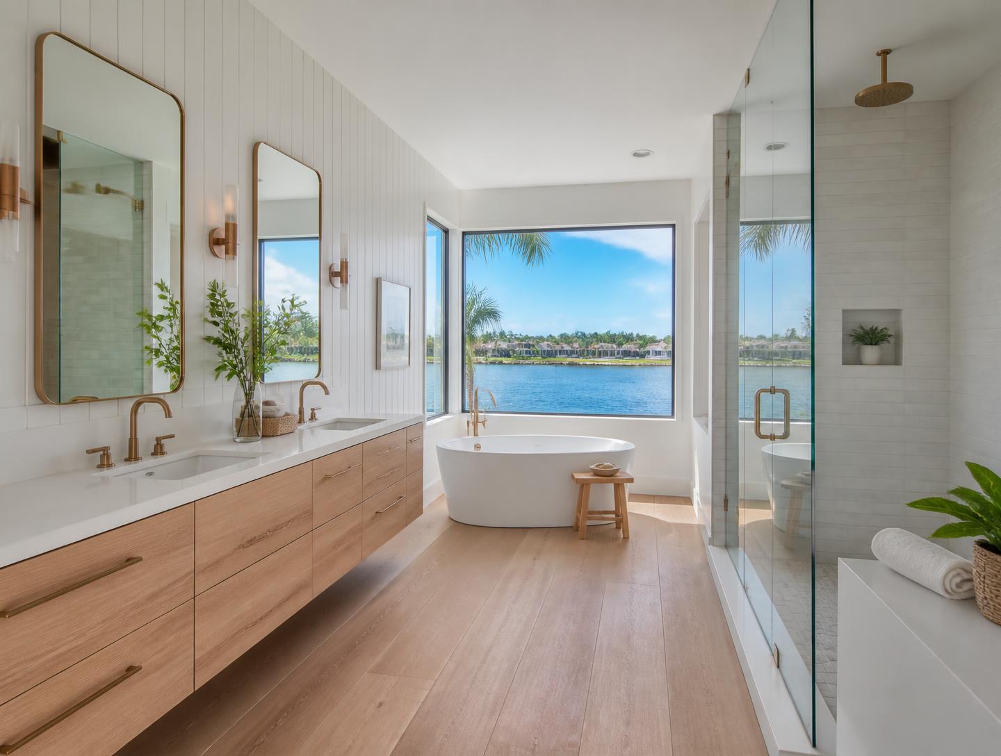 Bright coastal primary bathroom with white oak vanity and intracoastal view