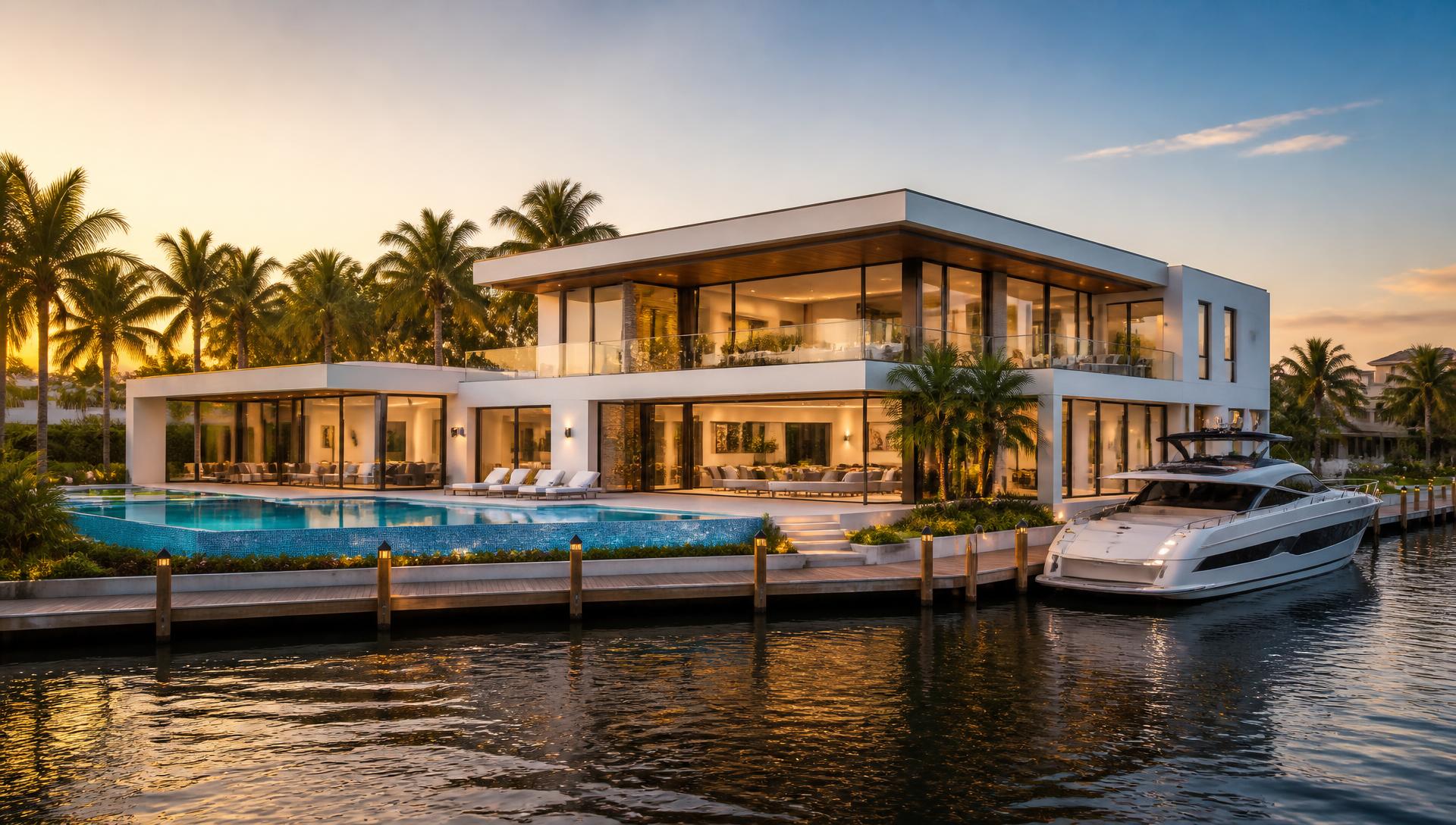 Modern waterfront residence on the Intracoastal at golden hour