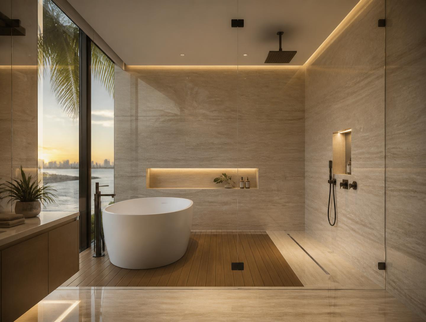 Travertine-look spa wet room with sculptural freestanding tub