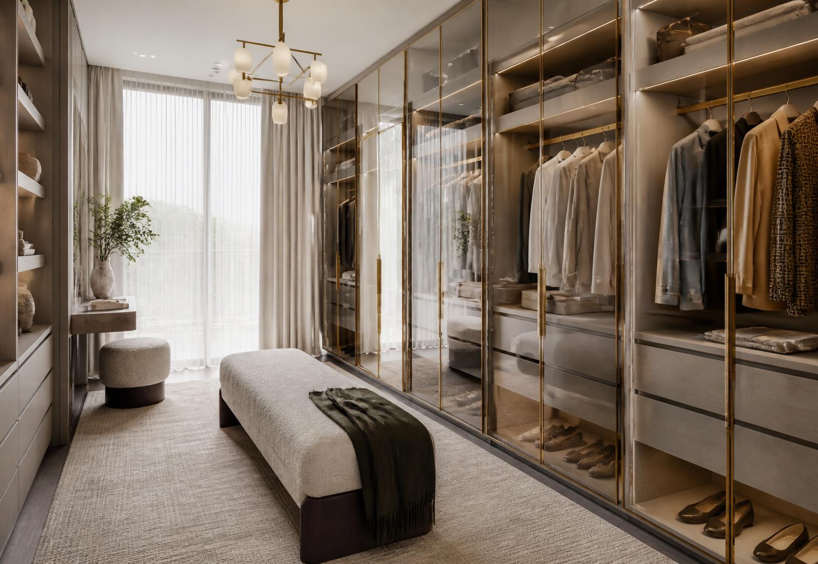 Bright dressing room with upholstered bench, brass framing and glass wardrobe doors