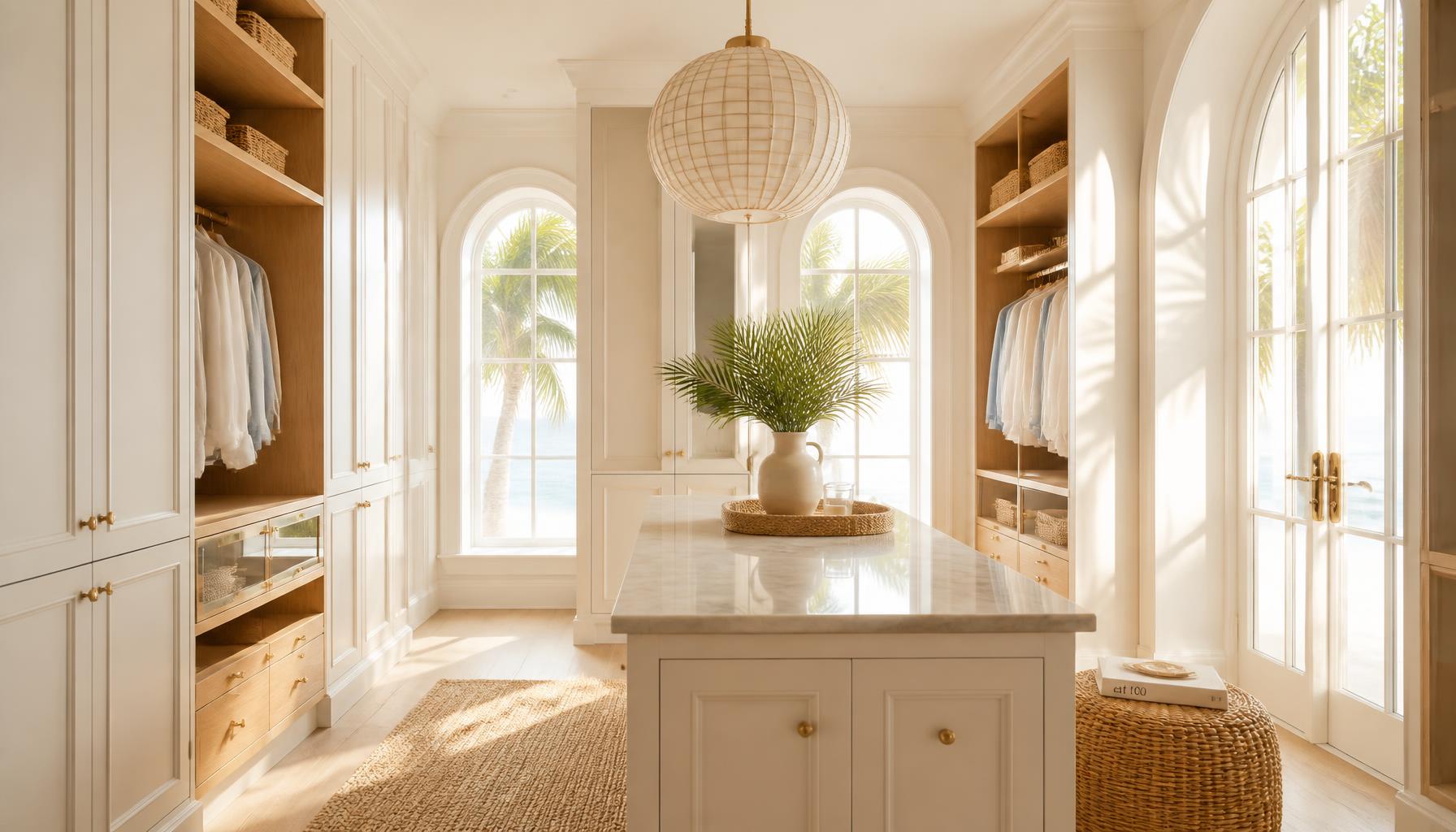 Bright coastal dressing room with white cabinetry, oak shelving and arched ocean windows