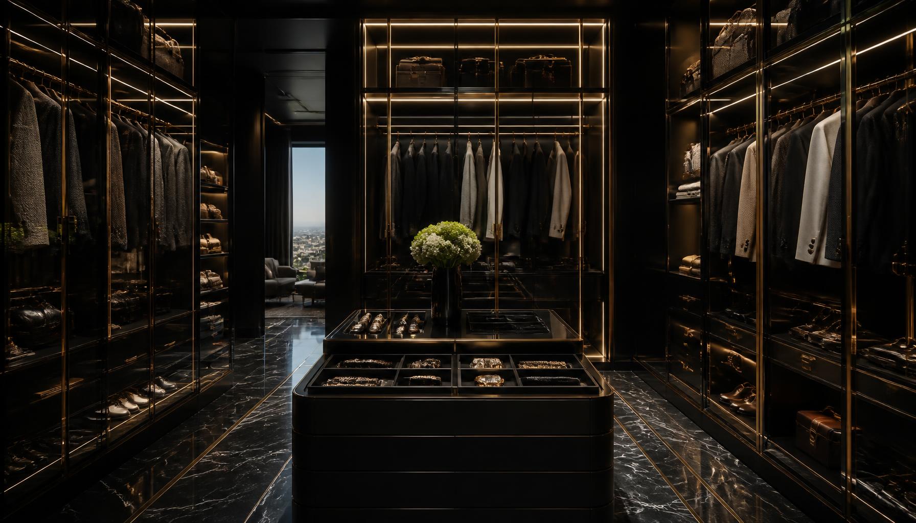 Dark boutique walk-in closet with smoked glass and brass rods