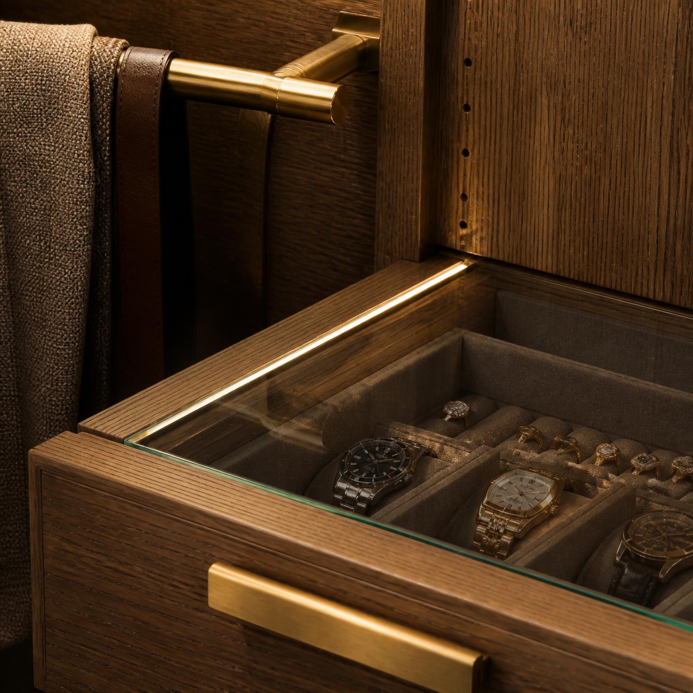 Detail of brass valet rod and suede-lined watch drawer