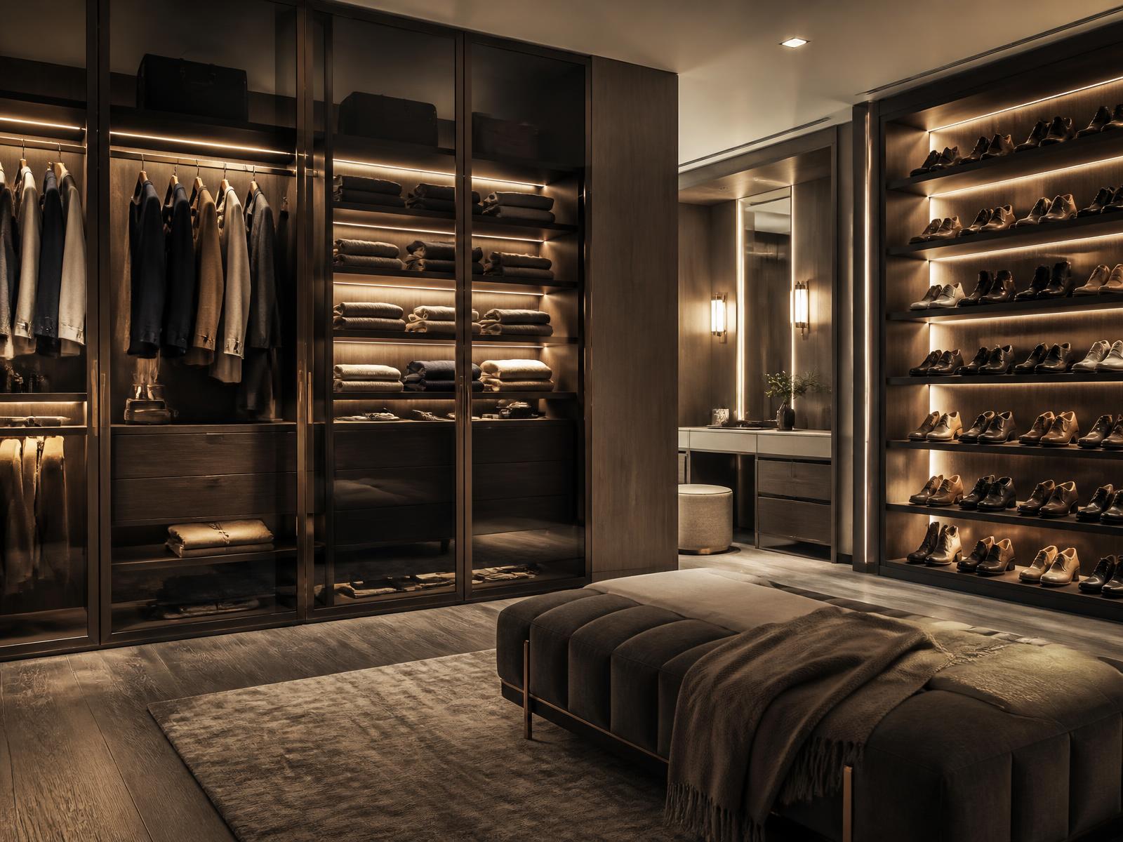 His and hers dressing room in fumed oak with bronze framing