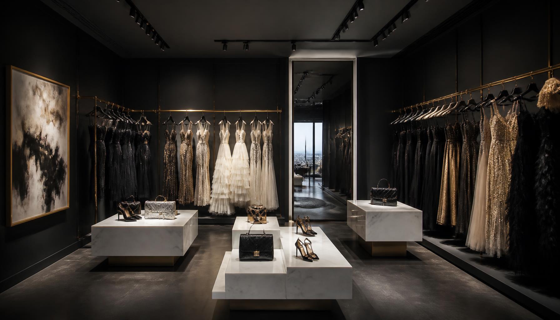 Museum-quality dressing gallery with charcoal walls, couture gowns and marble display plinths