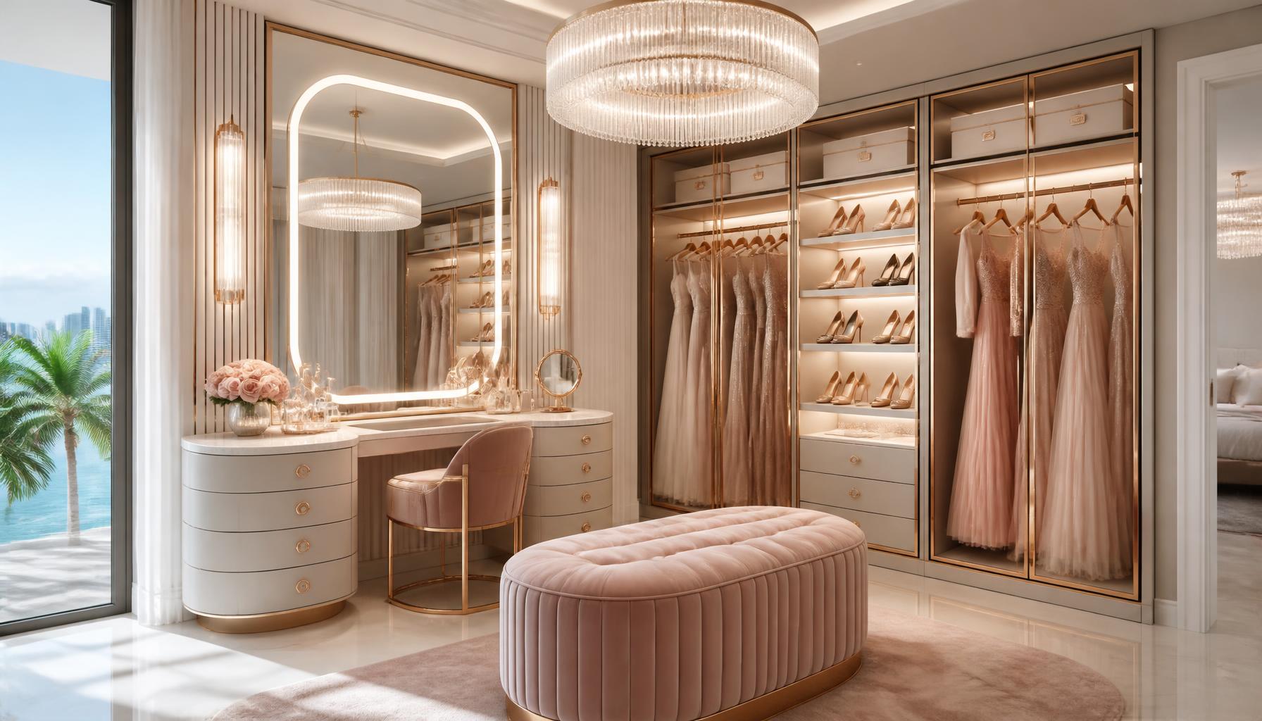 Glamorous blush dressing room with crystal chandelier, curved vanity and illuminated shoe wall
