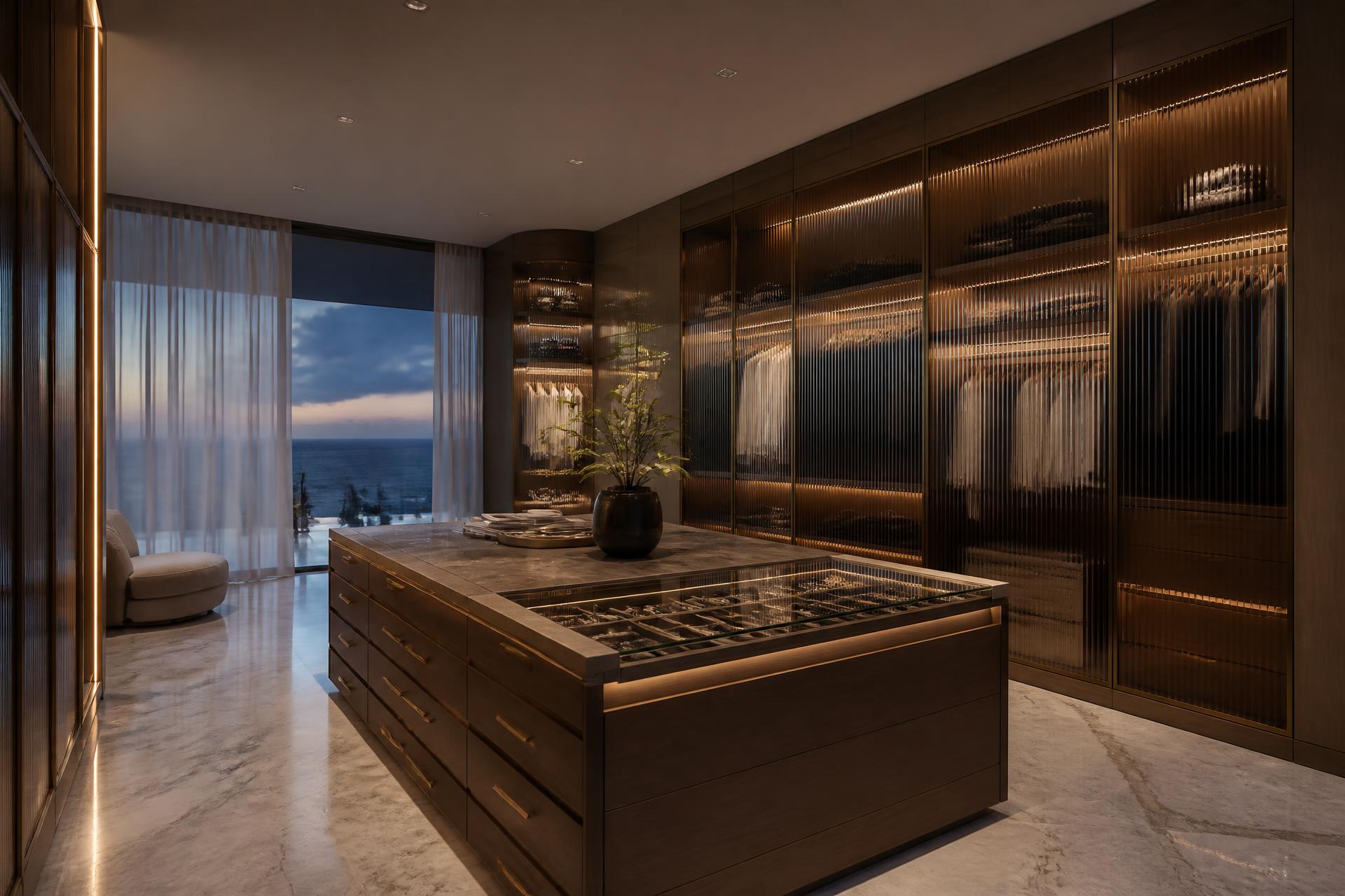 Penthouse walk-in closet with island and ocean view at dusk