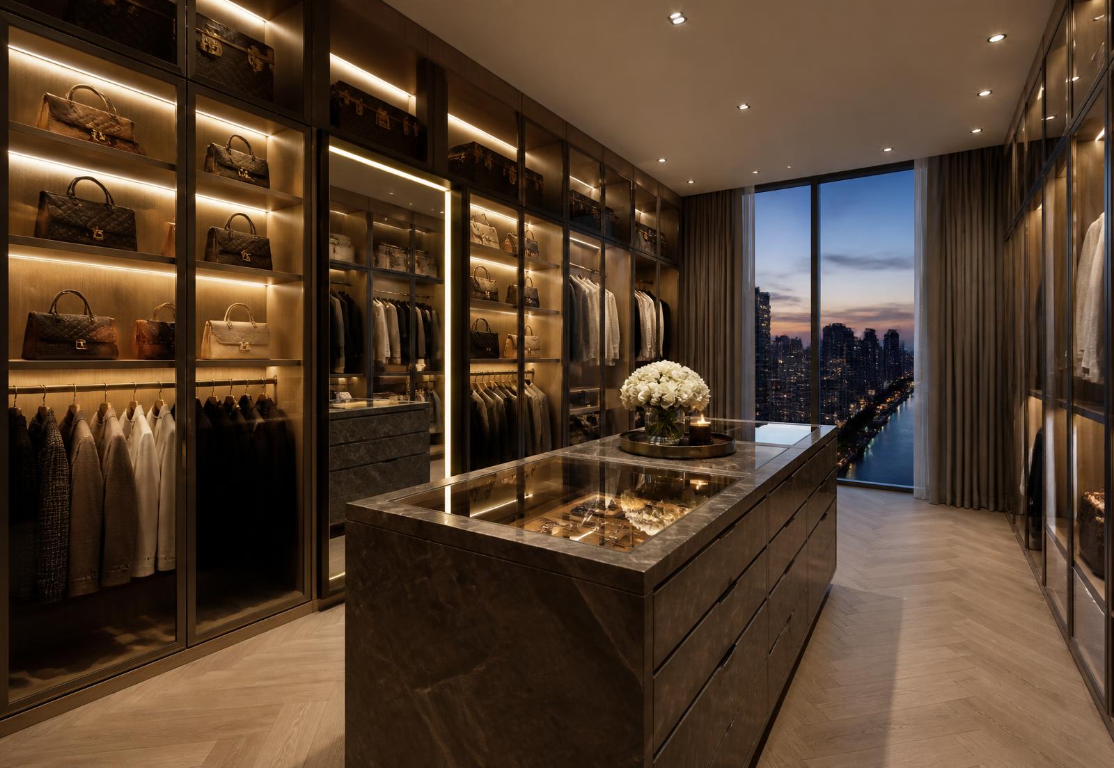 Walk-in closet with quartzite island, glass-top drawers and backlit handbag display