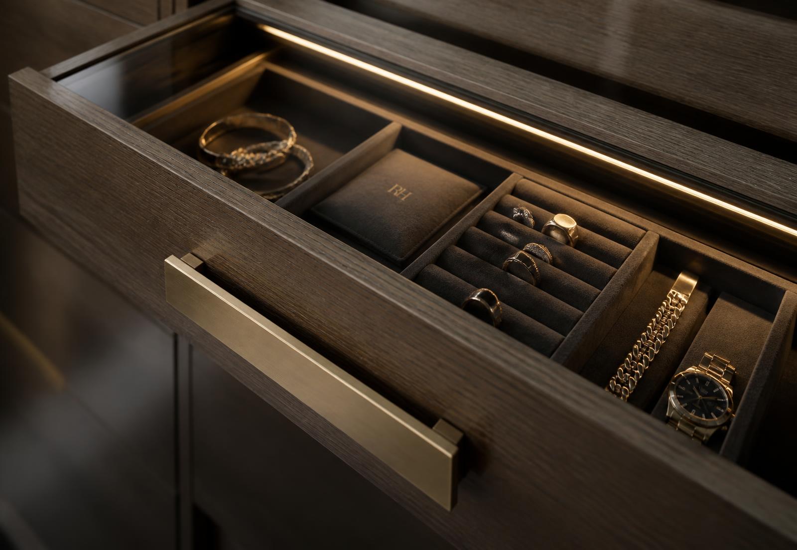 Suede-lined jewellery and watch drawer with integrated lighting and brass pull