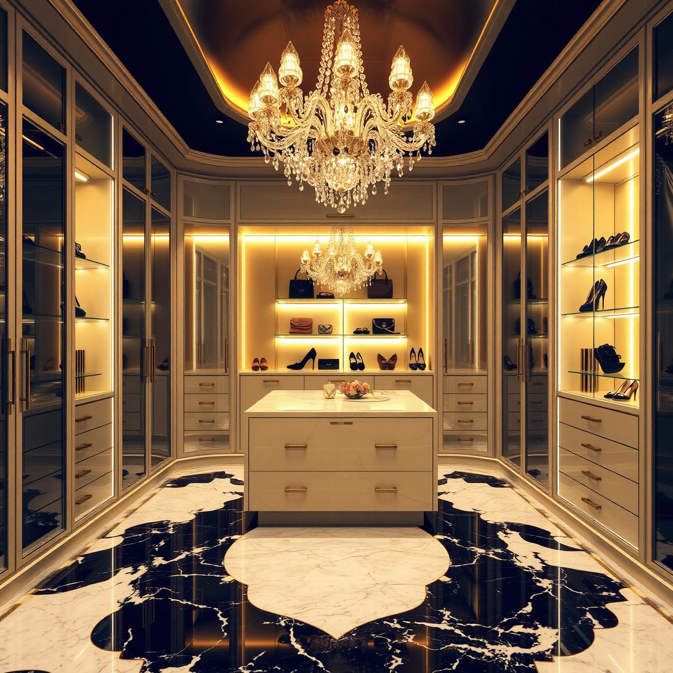 Grand walk-in closet with crystal chandelier, illuminated glass wardrobes and marble island