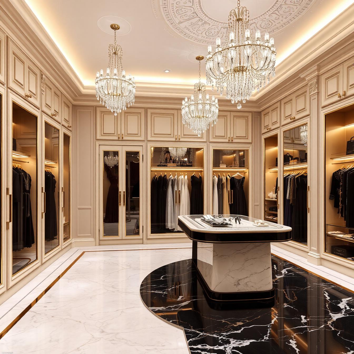 Opulent dressing room with triple crystal chandeliers, couture gowns and marble display island
