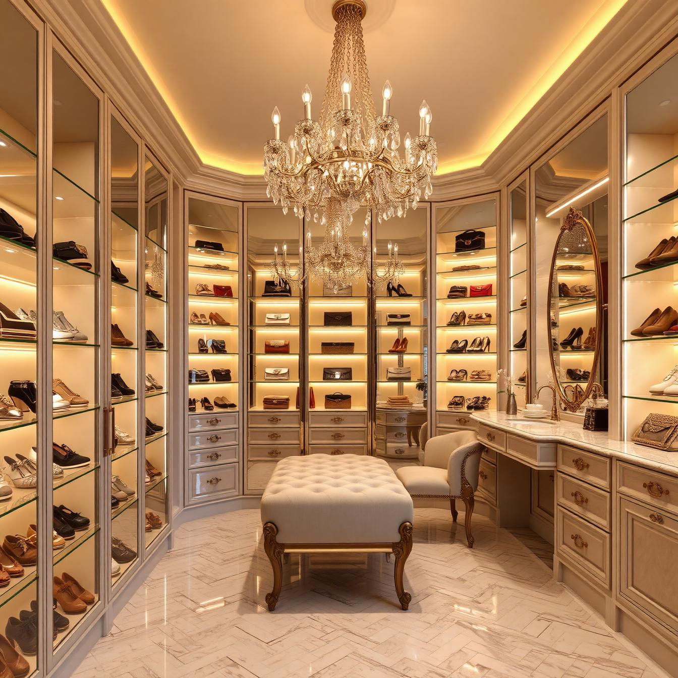 Glamorous closet with chandelier, illuminated shoe and handbag galleries and marble vanity