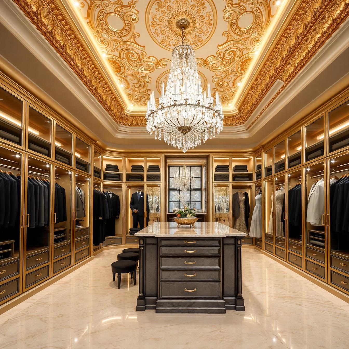 Palatial his-and-hers closet suite with gold-leaf ceiling, chandelier and brass wardrobe rails