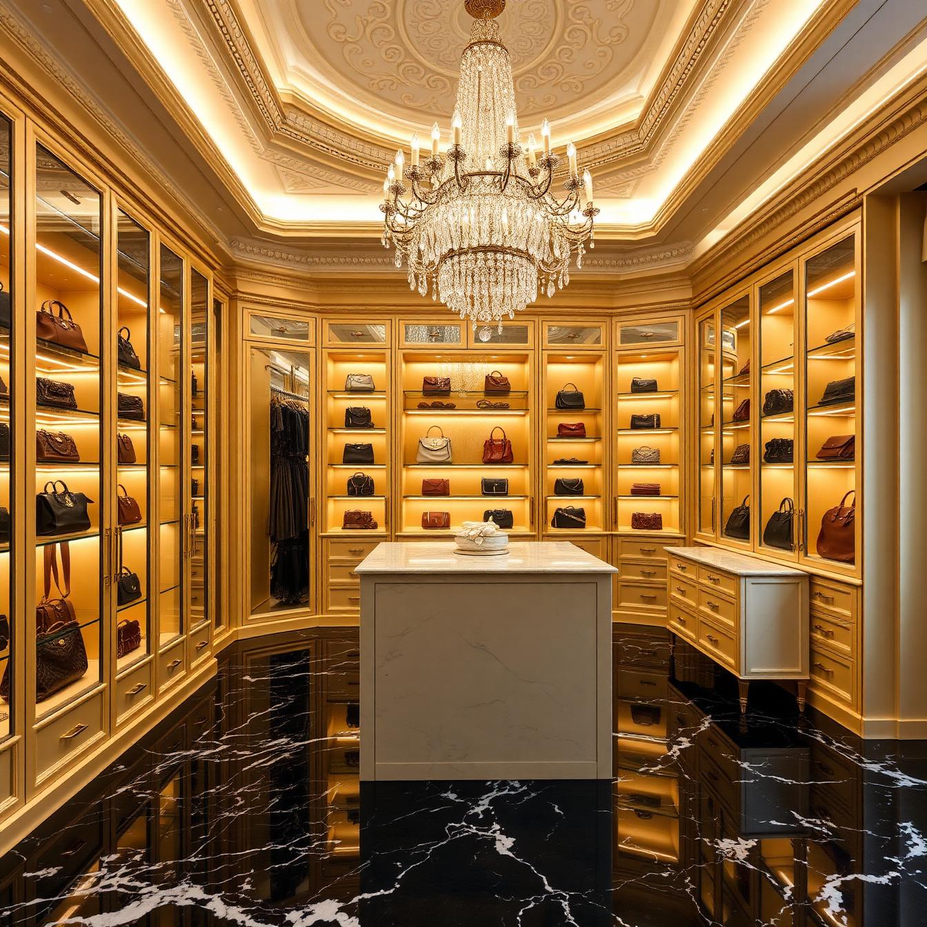 Boutique-style closet with illuminated handbag galleries, crystal chandelier and black marble floor
