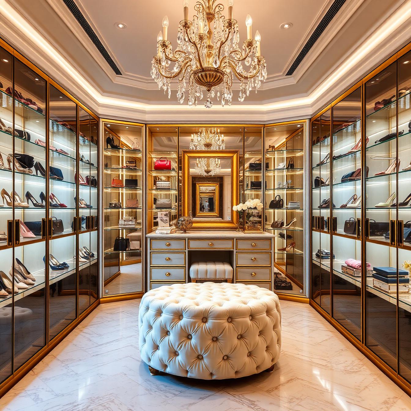 Glamorous dressing room with brass-framed glass shoe walls and tufted velvet ottoman