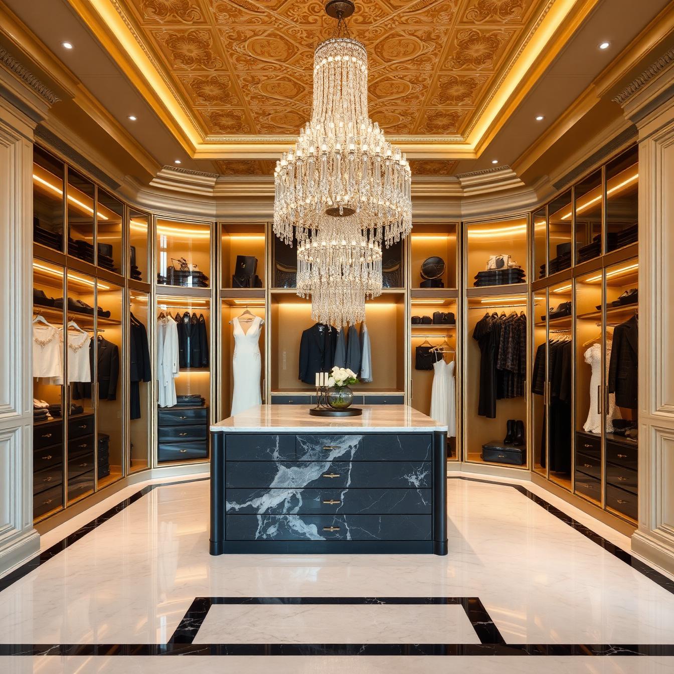Master closet with ornate gold coffered ceiling, tiered chandelier and charcoal marble island