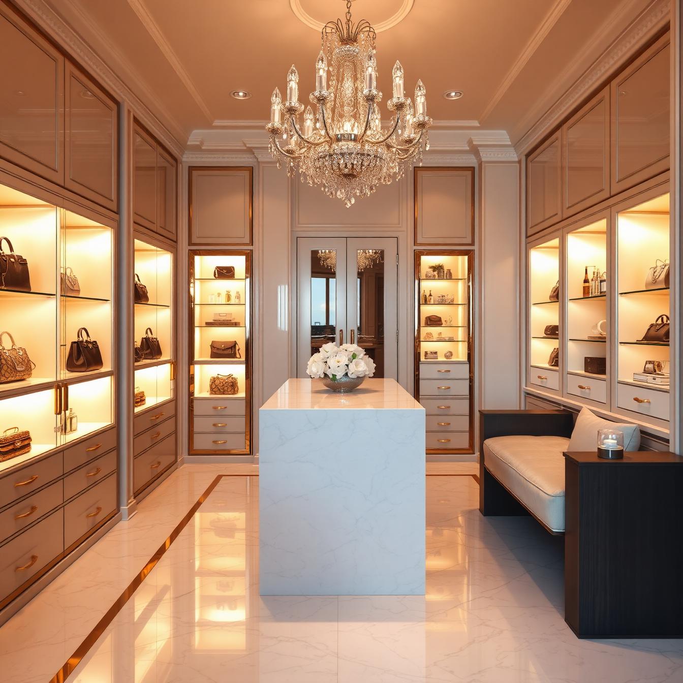 Warm ivory closet with chandelier, illuminated display niches and white marble island