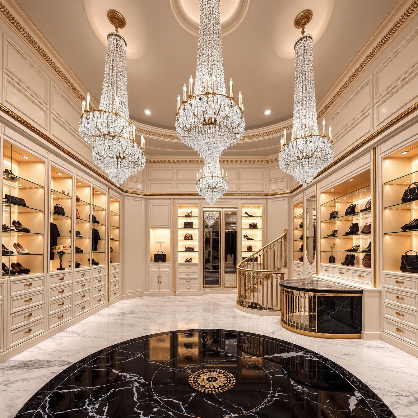 Double-height closet gallery with three cascading chandeliers, curved staircase and marble medallion floor