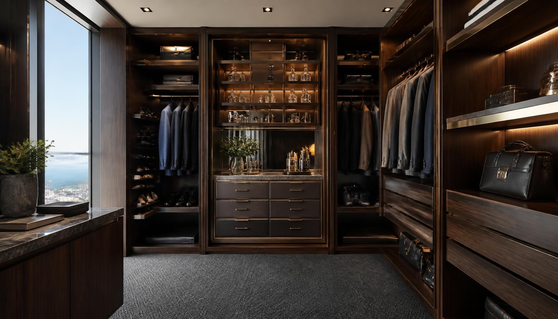 His and hers dressing room in rich walnut with brass accents and tailored storage
