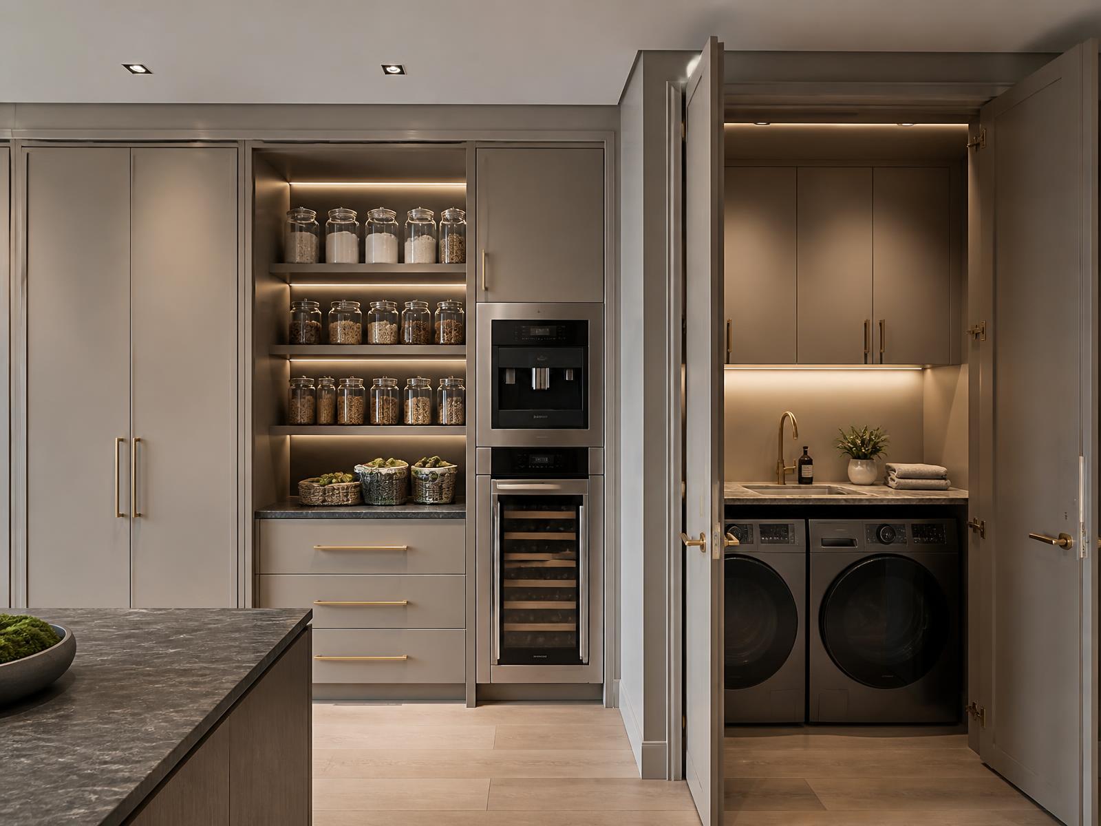 Luxury greige pantry with stone counters and concealed laundry room