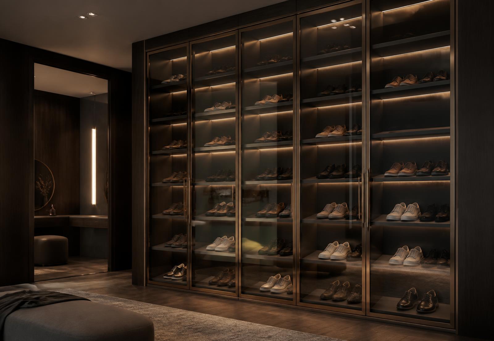 Backlit shoe wall behind bronze-framed glass doors in a dark oak dressing room