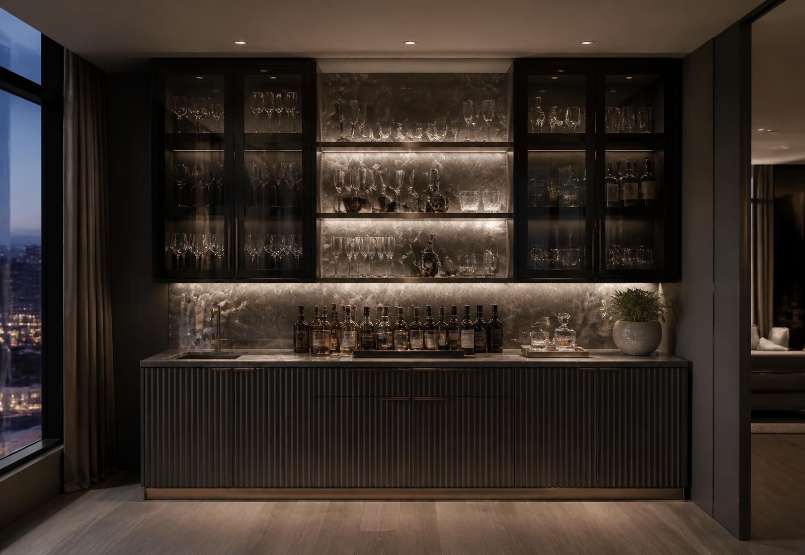 Luxury home bar with smoked glass uppers and fluted charcoal oak base