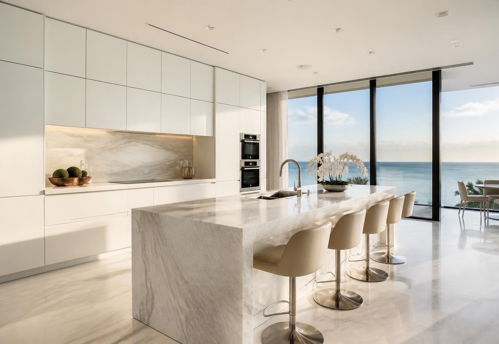 Handleless modern kitchen with marble waterfall island in a South Florida high-rise