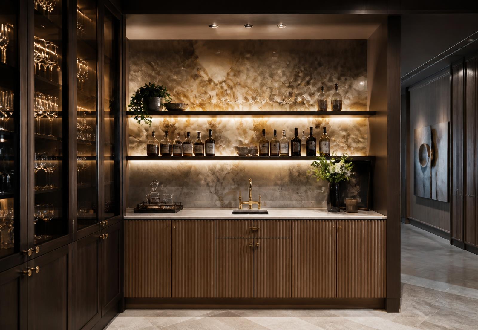 Fluted oak wet bar with backlit onyx shelving and brushed brass fittings