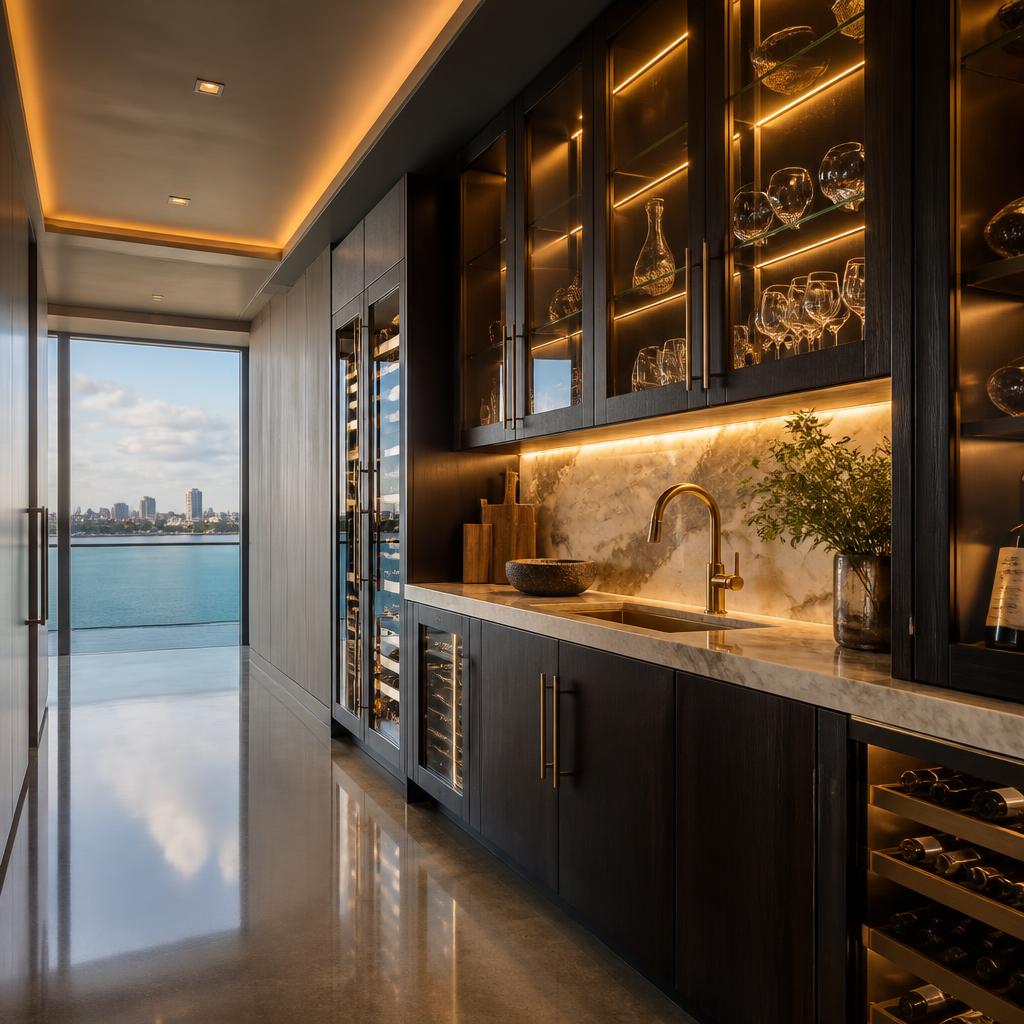 Charcoal oak butler's pantry with smoked glass uppers, backlit onyx and integrated wine refrigeration