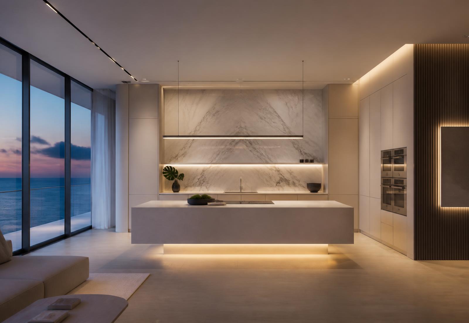 Handleless cream kitchen with book-matched marble in an oceanfront penthouse