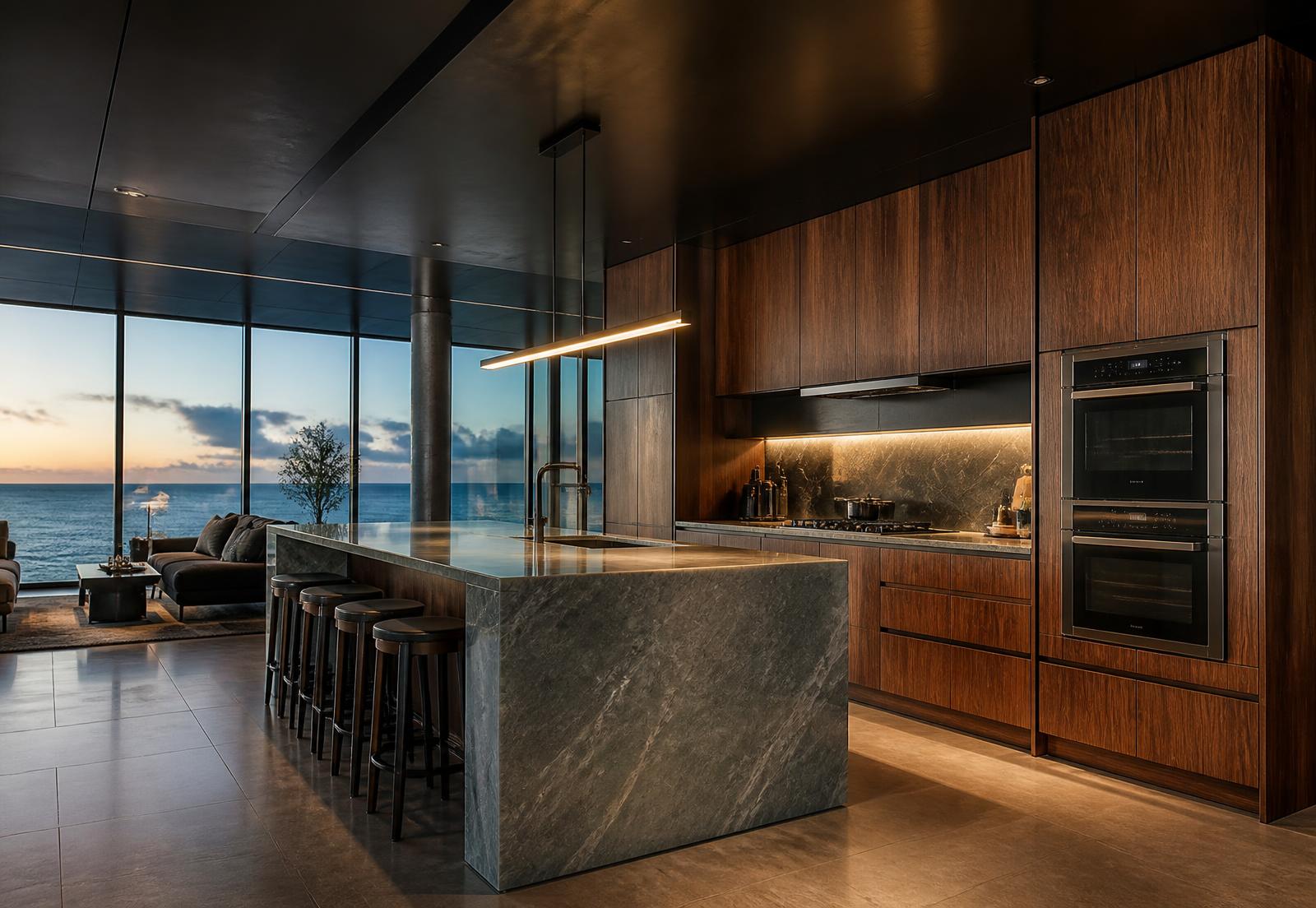 Walnut and quartzite kitchen with ocean views in a high-rise condominium