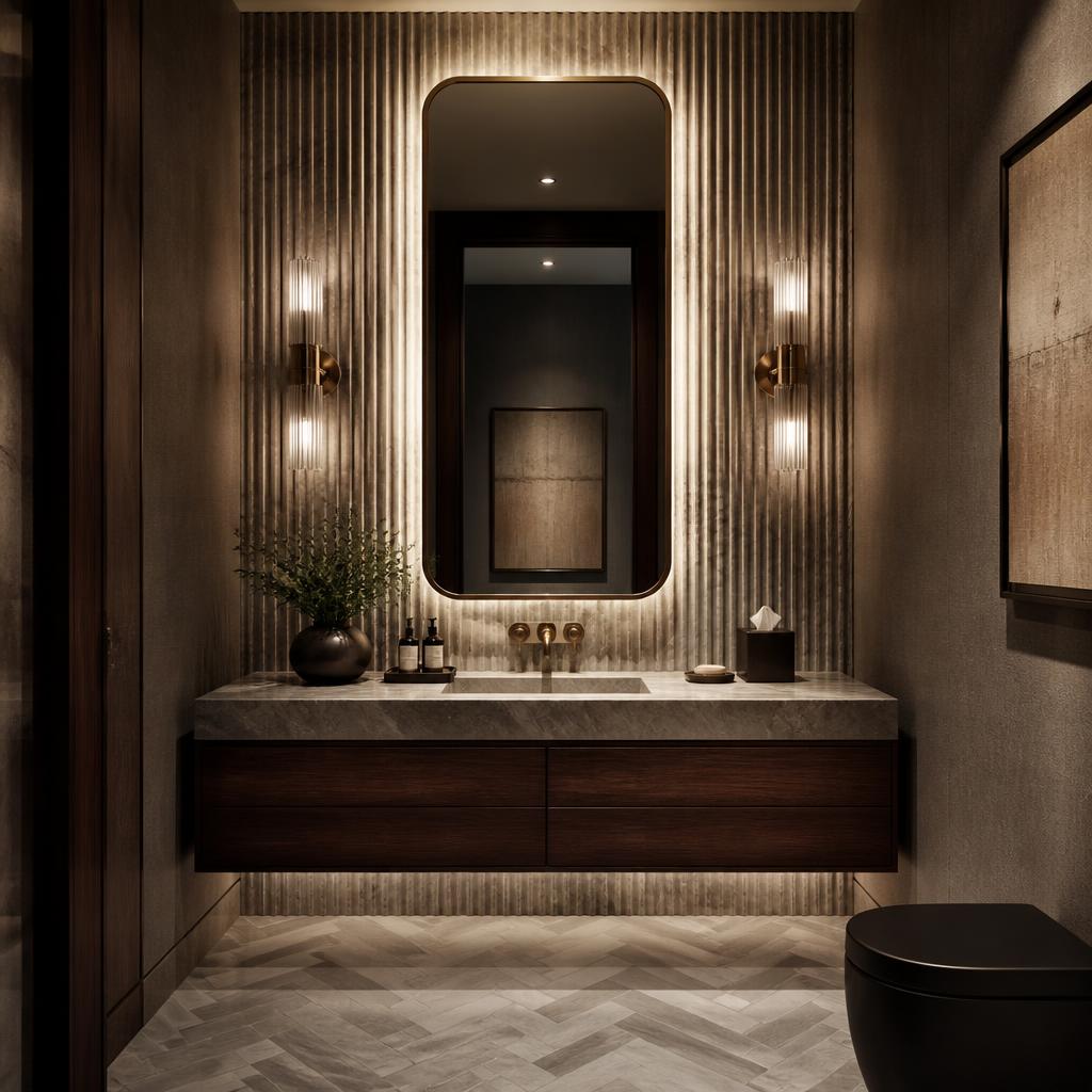 Dark walnut floating vanity with fluted marble wall and backlit bronze mirror