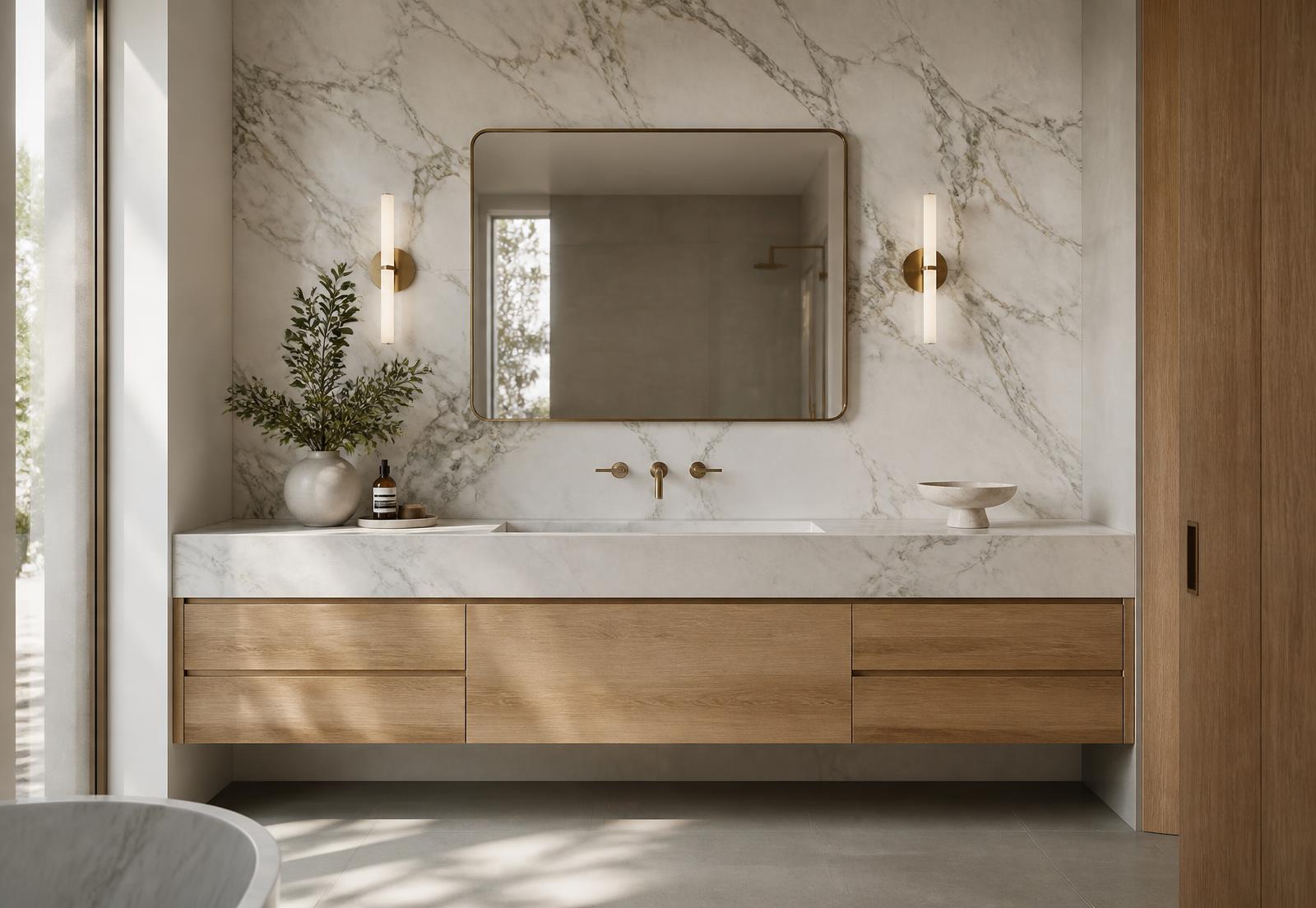 Floating oak vanity with marble slab wall and brushed brass tapware