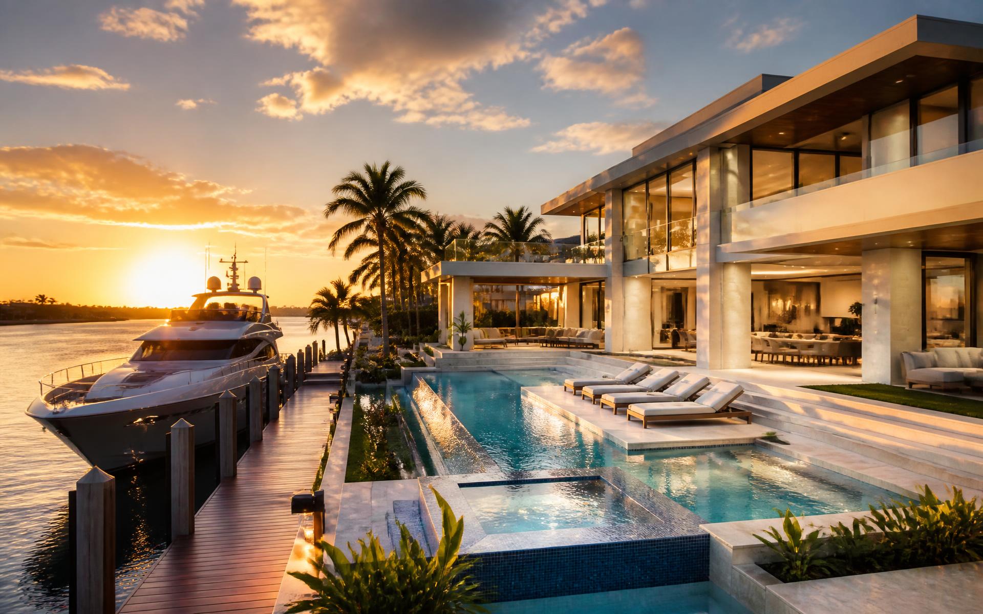Modern waterfront Boca Raton estate at golden hour with infinity pool and private dock