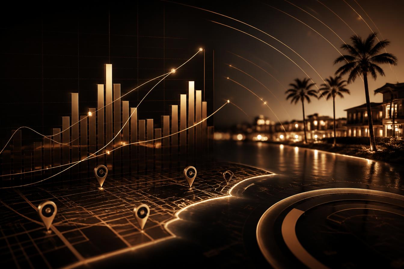 Abstract real estate analytics dashboard with market charts and waterfront property pins